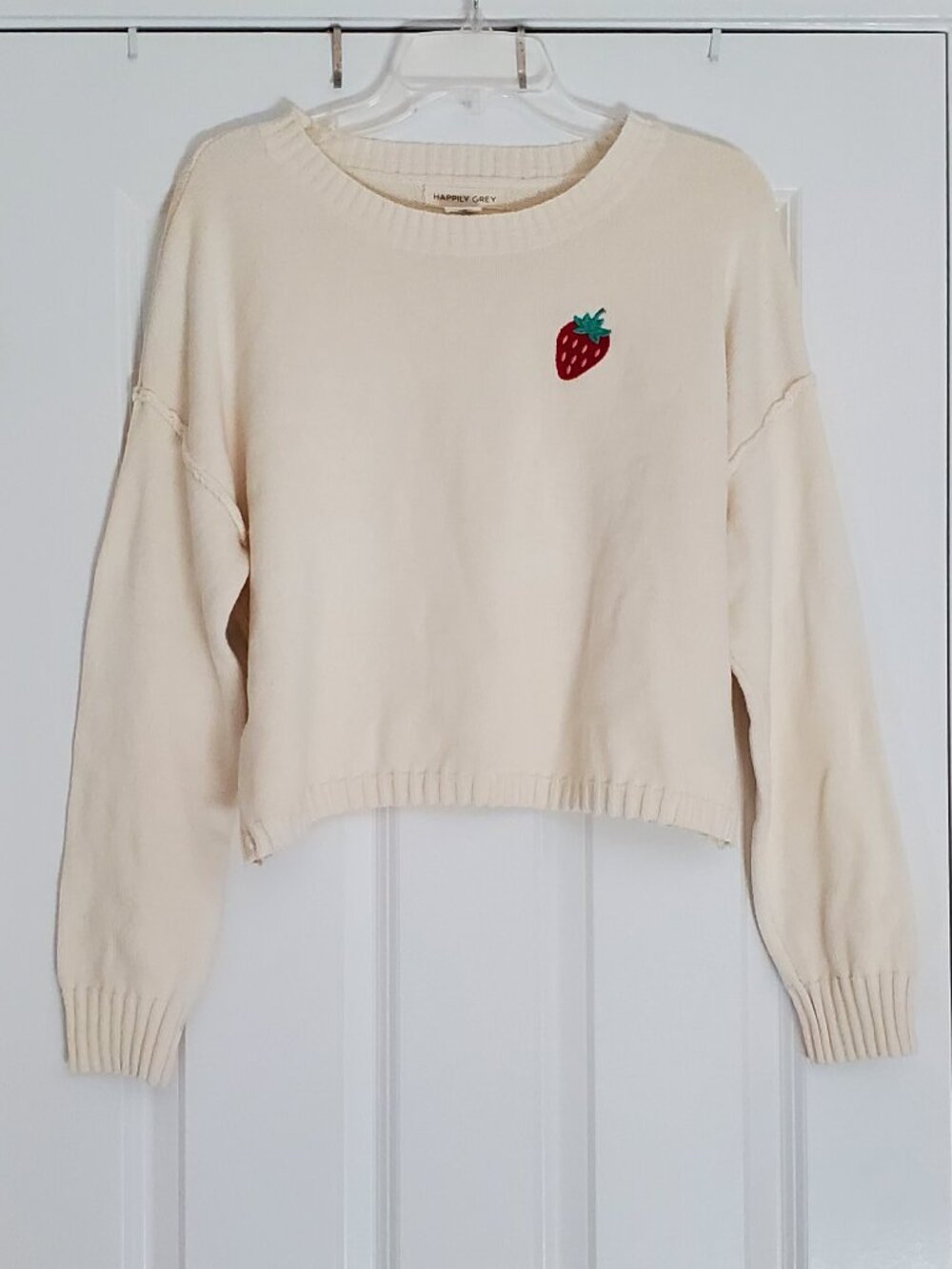 Happily Grey Crew Neck Cotton Blend Sweater with Strawberry